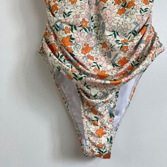 Women's 2XL XXL Orange White Floral Open Back One Piece Swimsuit Swimwear Frill - Picture 3 of 13